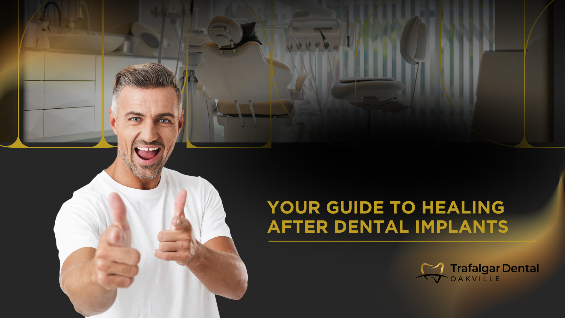 Man with thumbs up, smiling, dental office background, text: