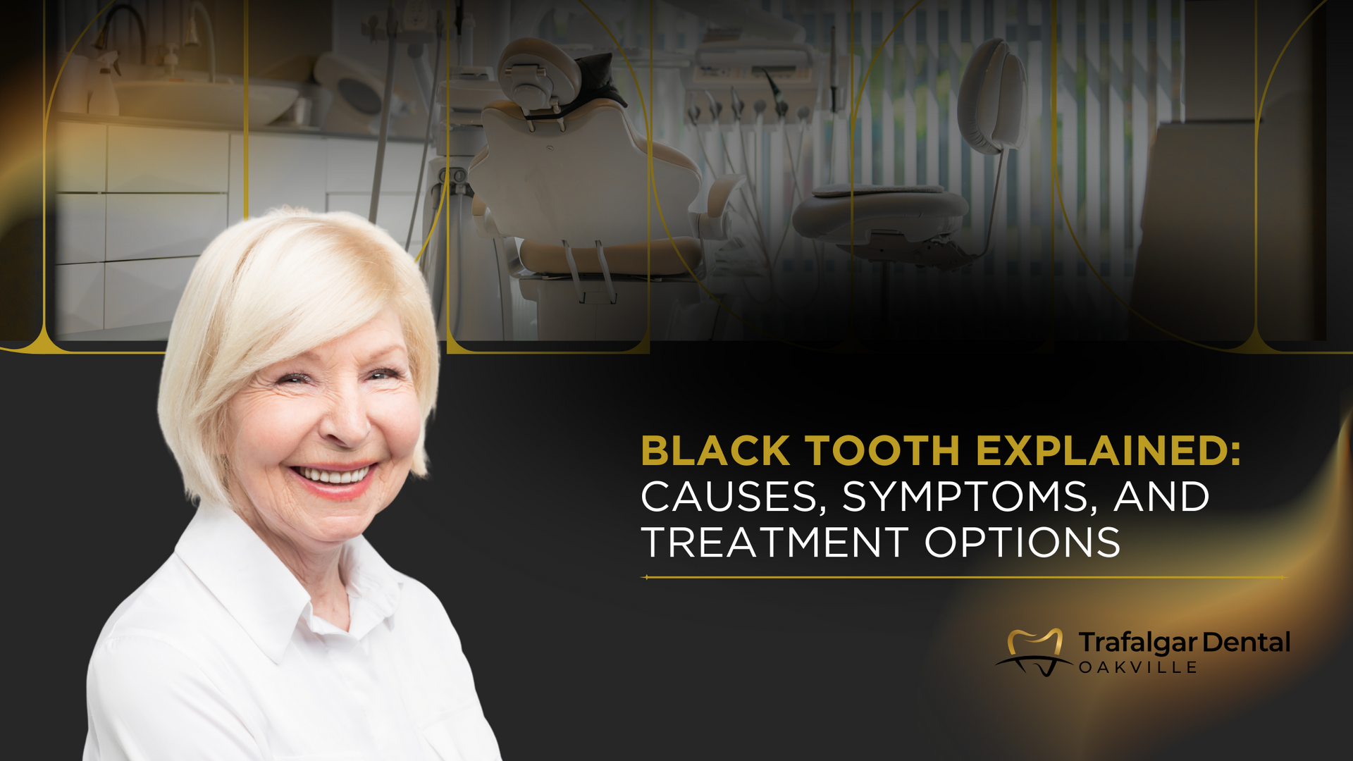 Woman in a dental office setting. Title