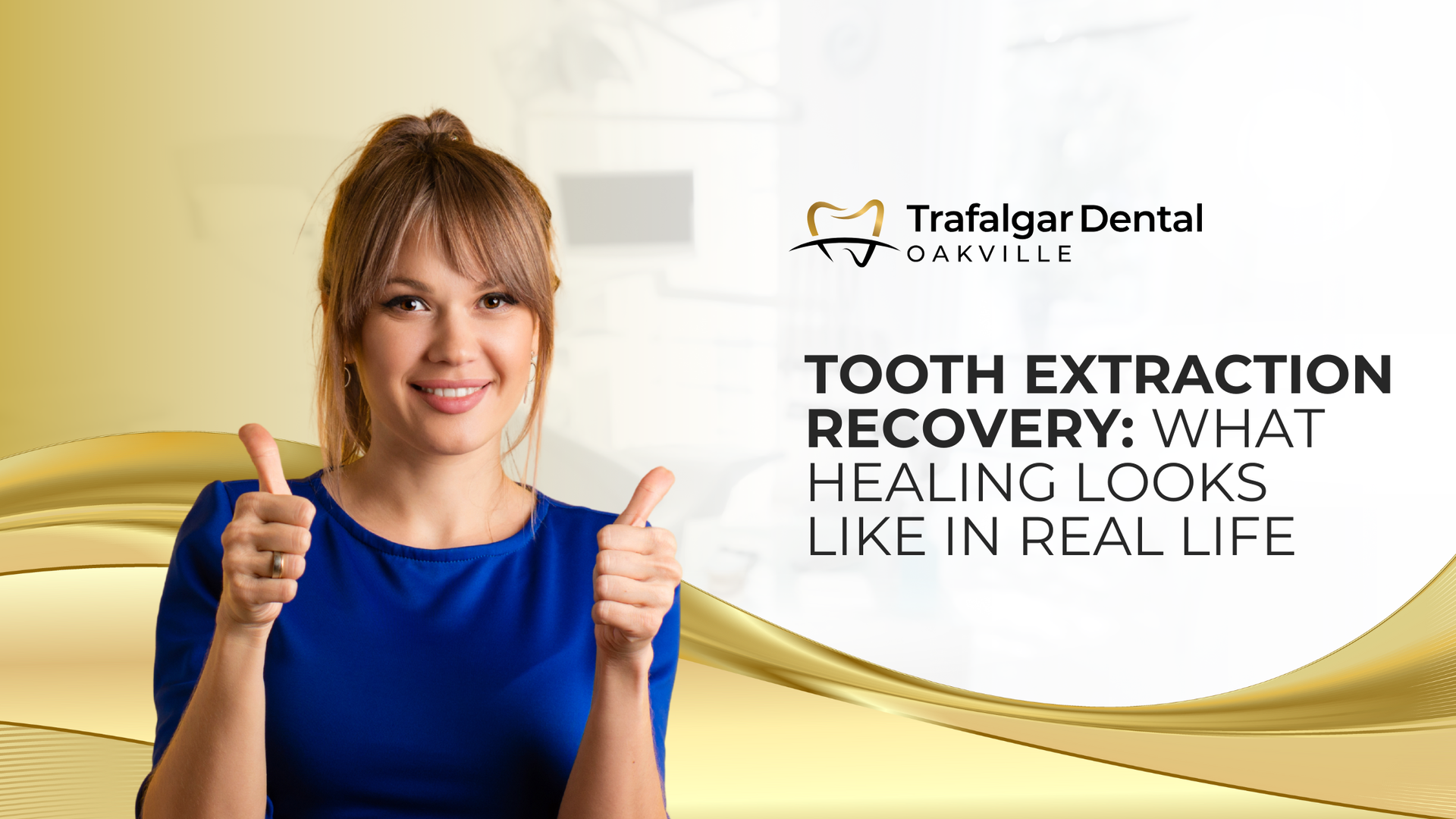 Woman giving thumbs up, smiling in front of dental practice logo, titled 