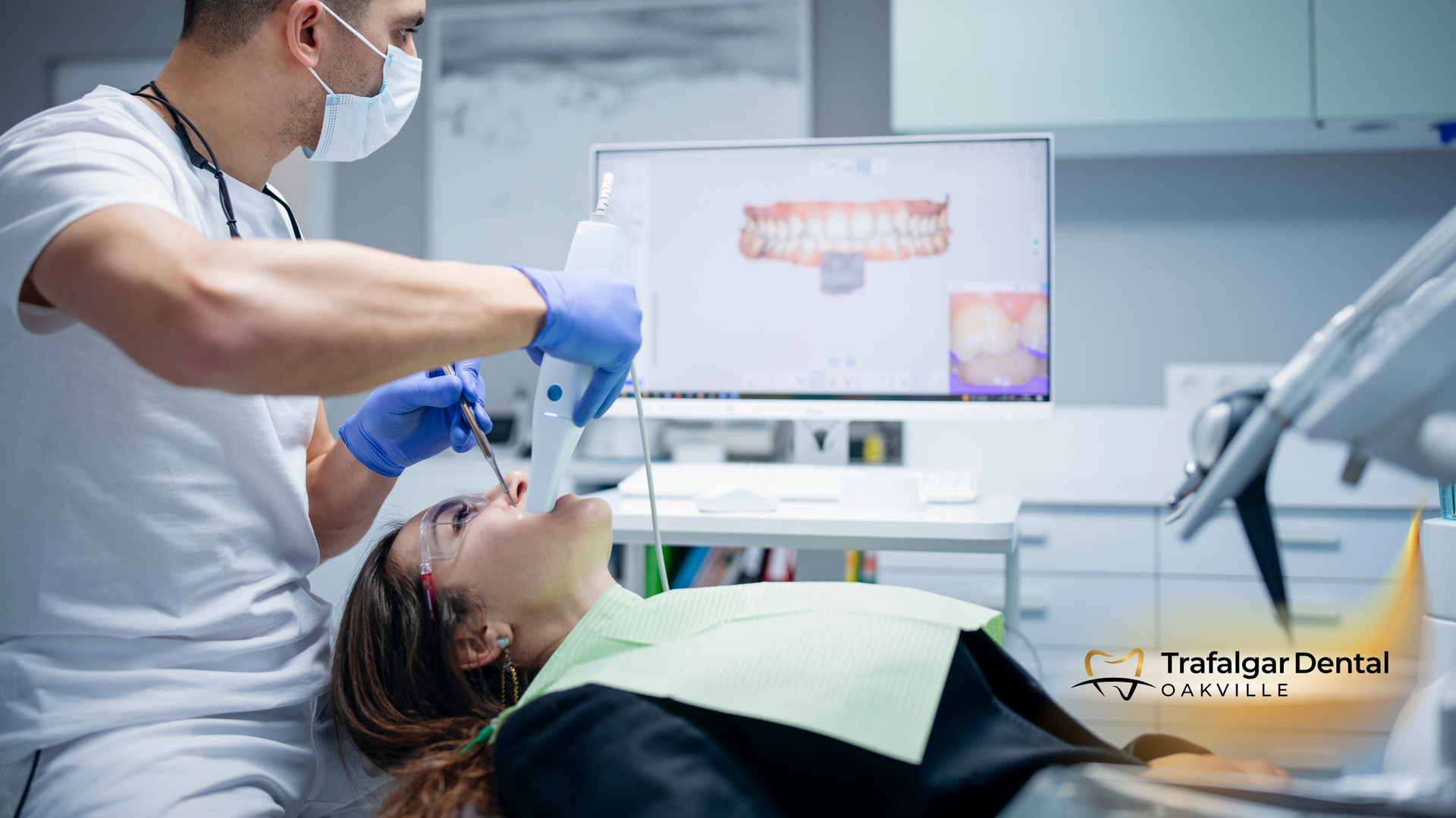 A dentist is examining a woman 's teeth in a dental office.