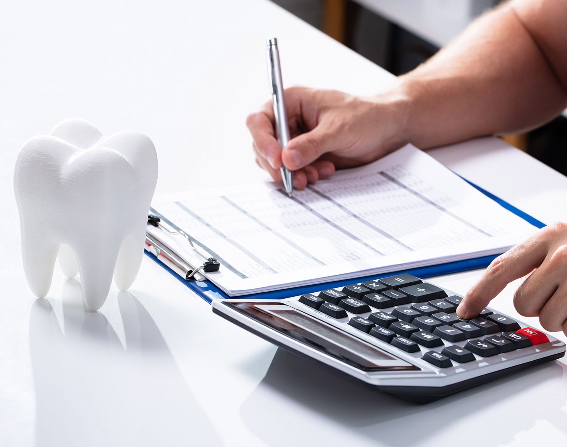 A person is using a calculator next to a tooth model.