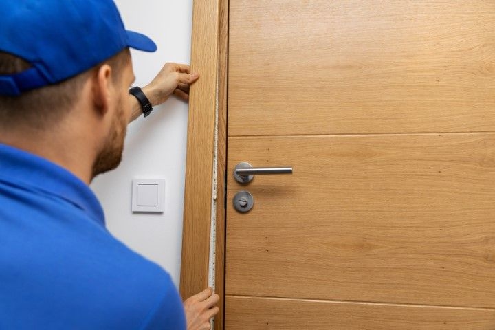 A man in blue measures a wooden door frame with a white measuring tape.