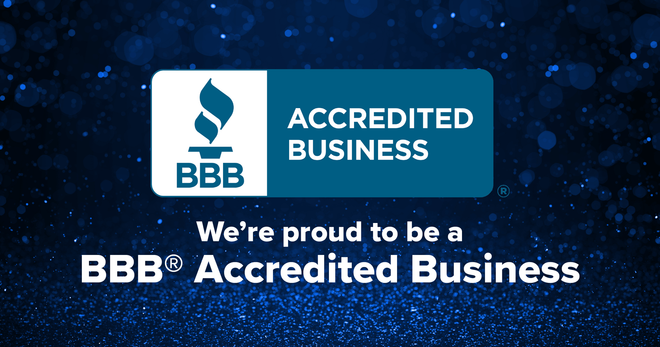 BBB Accredited Business logo with blue background; reads 