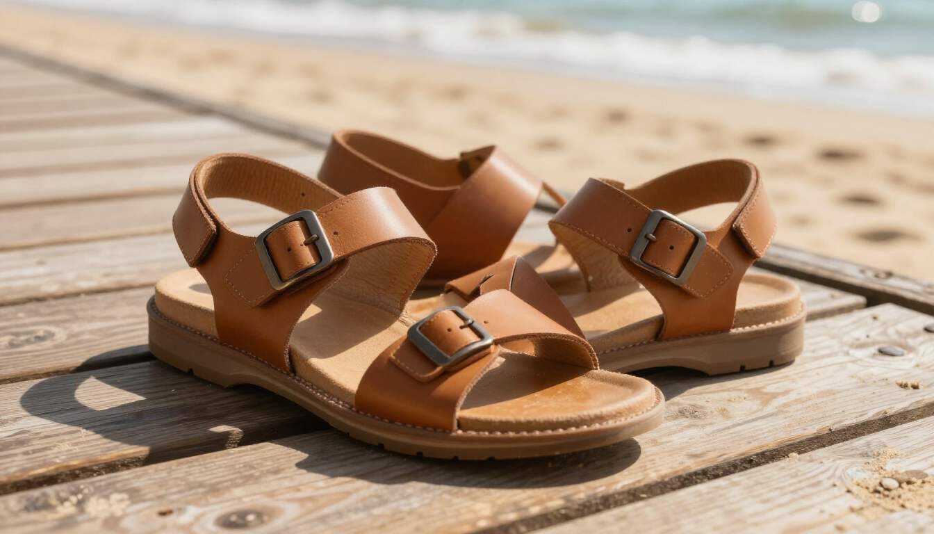 Supportive summer sandals for healthy feet on a grassy background.