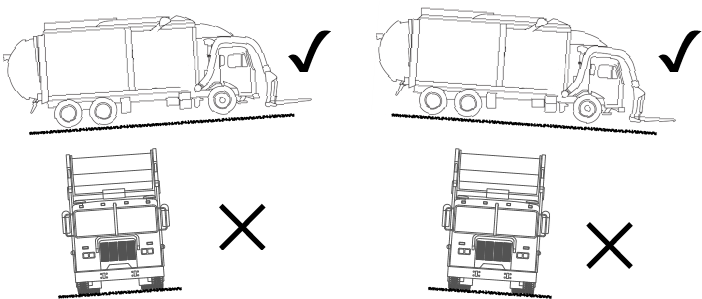 A black and white drawing of a concrete mixer truck and a garbage truck.