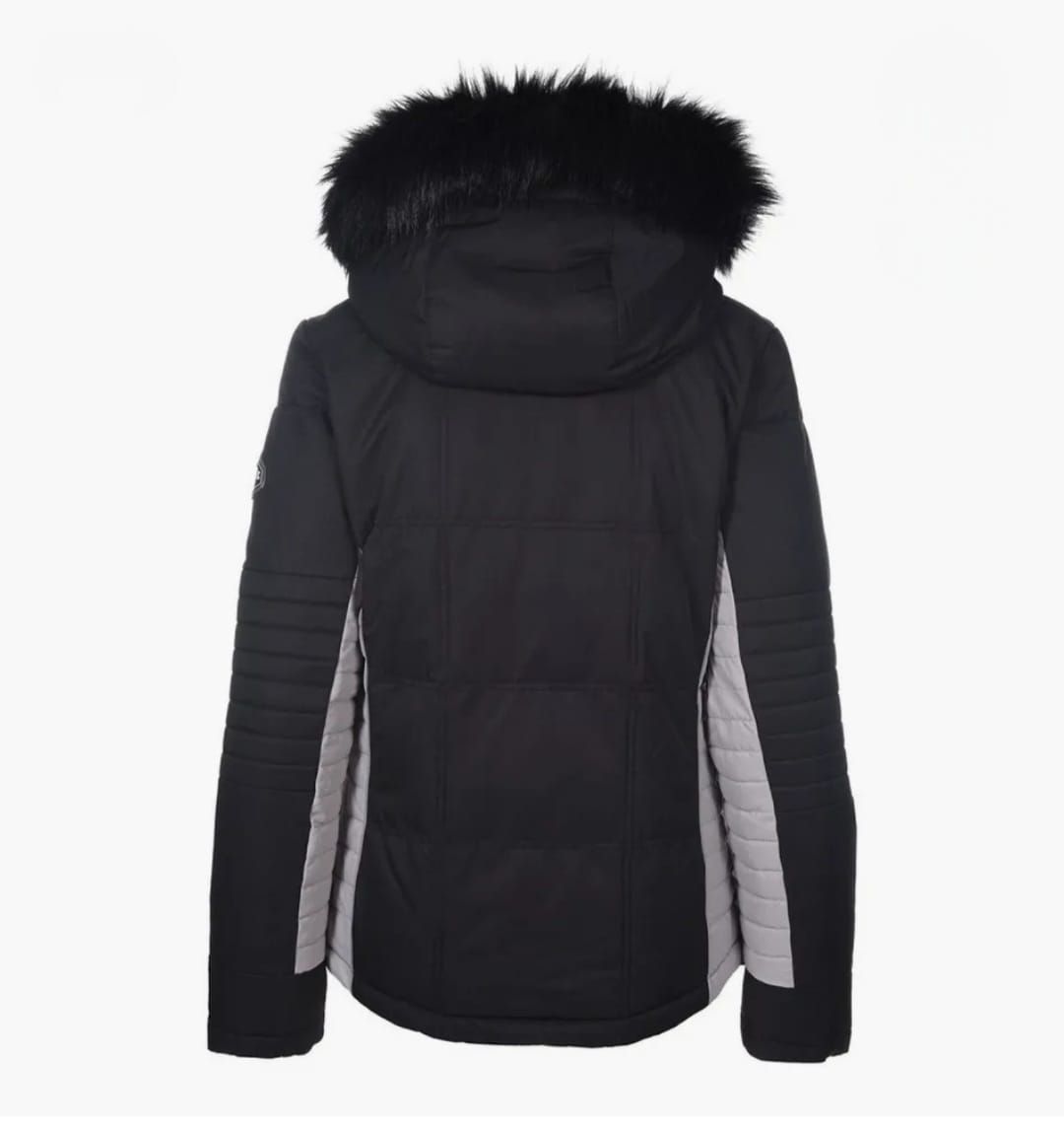 Chaqueta de invierno negra y gris con capucha forrada de piel.