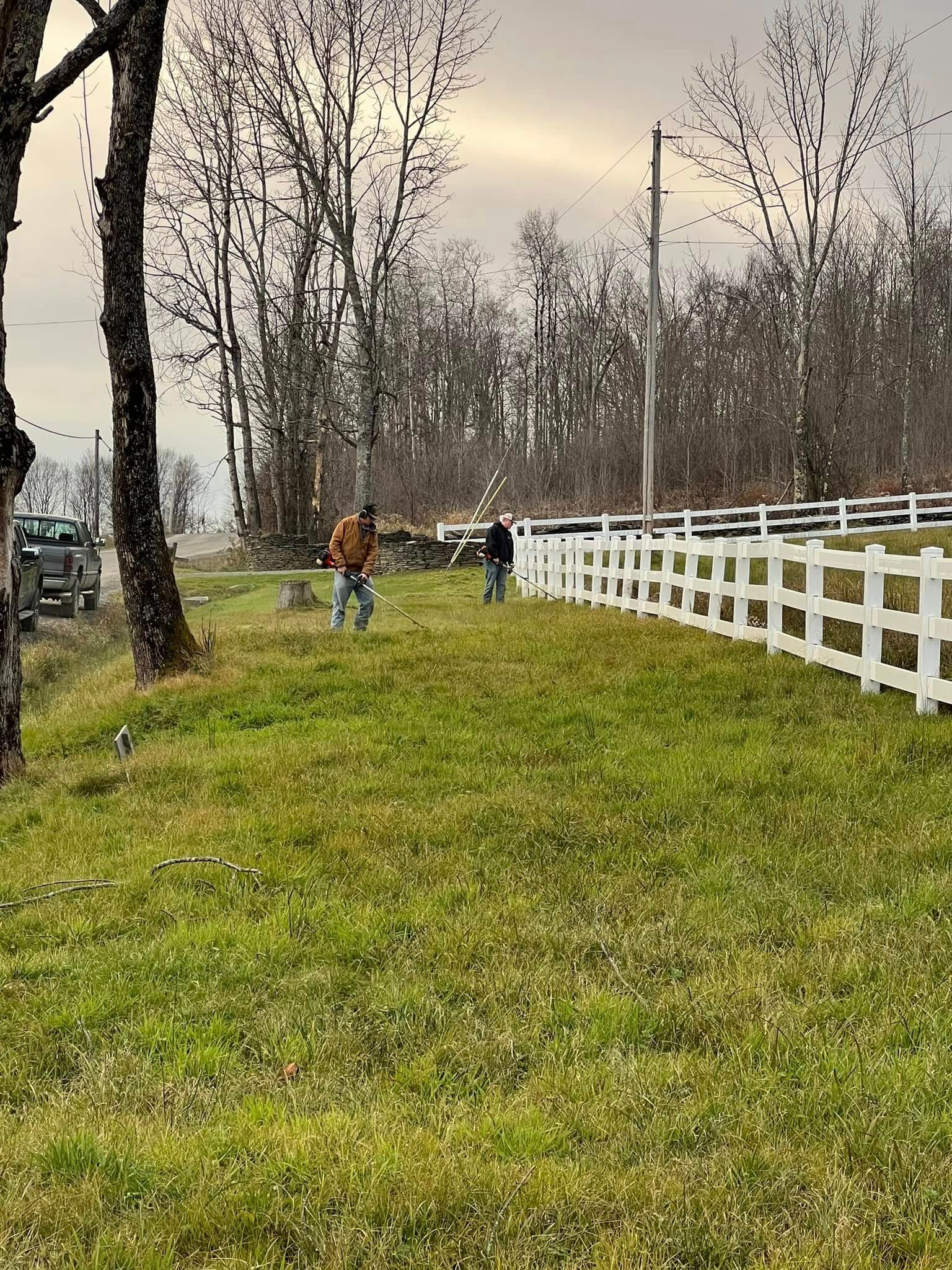 Grassy path beside a white fence with a few people walking under bare trees on a cloudy day