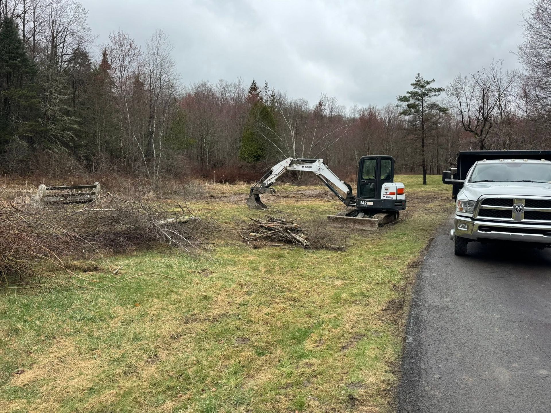 Small excavator clearing brush beside a parked truck in a grassy, wooded field under overcast skies