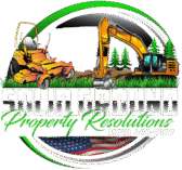 Property Resolutions logo with excavator and bulldozer over U.S. flag and trees