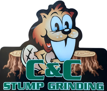 A logo for c & c stump grinding with a beaver on a tree stump