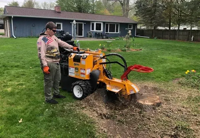 A man is standing next to a stump grinder in a yard.