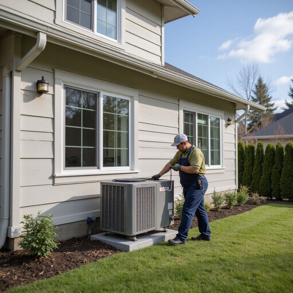 HVAC technician installing heat pump in Tacoma WA
