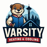 A logo for varsity heating and cooling with an otter in a varsity jacket holding a fire.