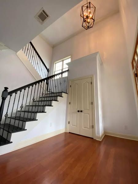 Interior view of a staircase with dark railings, white walls, and hardwood floors. A closet door is also visible.