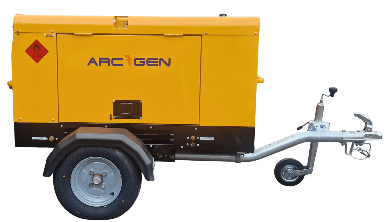 A yellow arc gen generator on a trailer