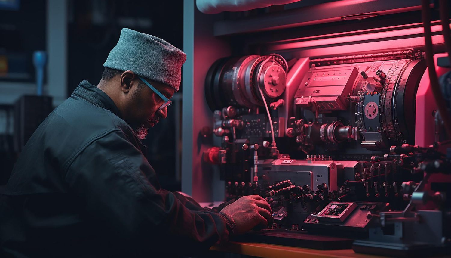 A man is working on a large generator trying to fix it