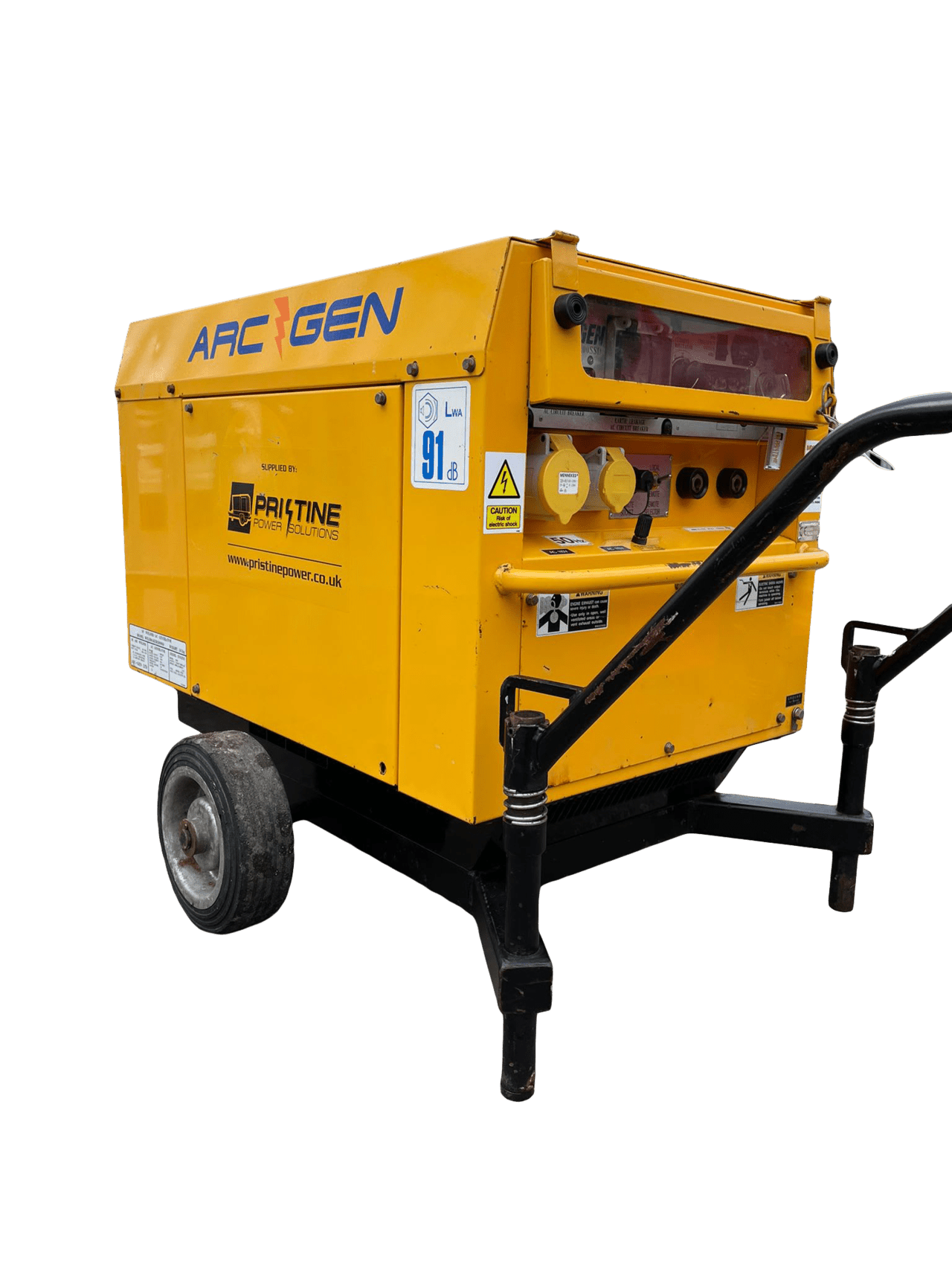 A yellow generator with wheels and a handle on a white background.