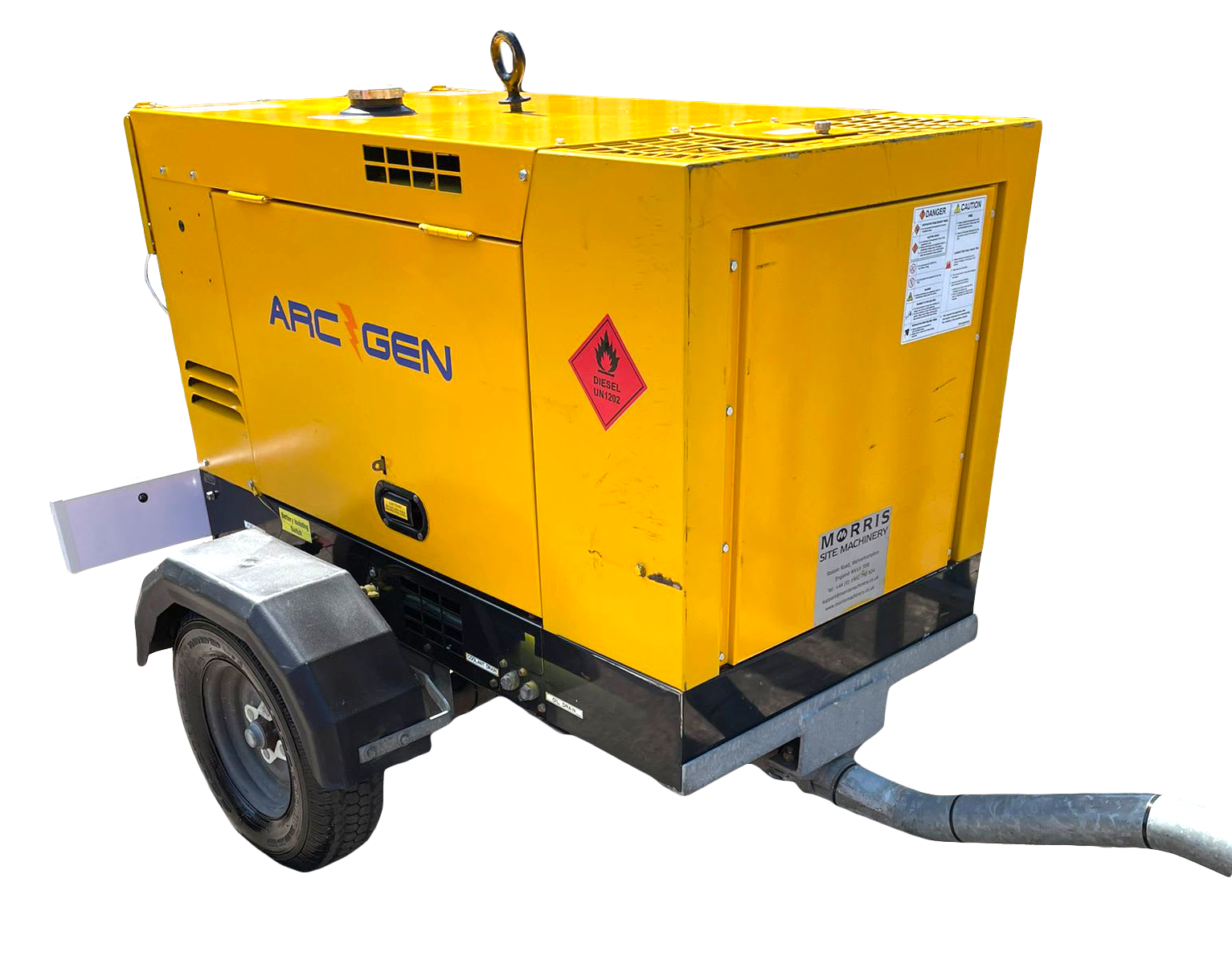 A yellow generator on a trailer that says arc gen
