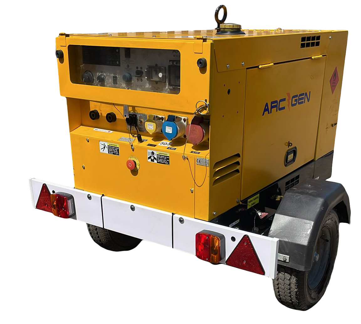 A yellow generator is on a trailer on a white background.
