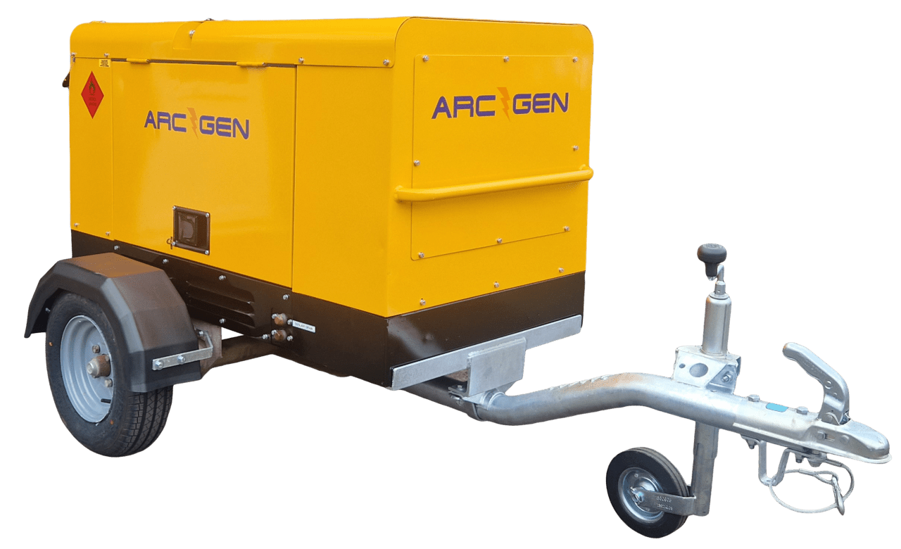 A yellow box with the word arc gen on it is on a trailer.