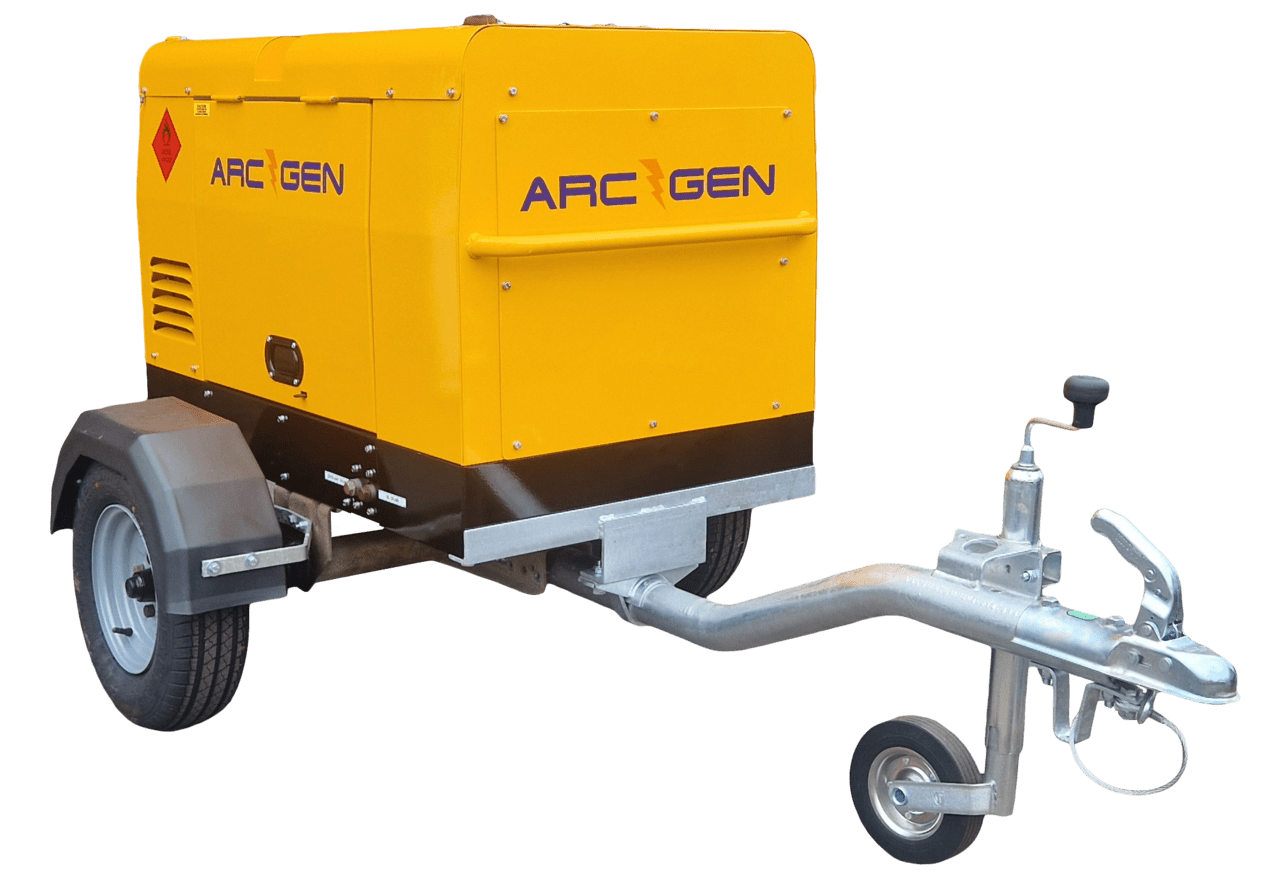 A yellow arc gen generator is on a trailer.