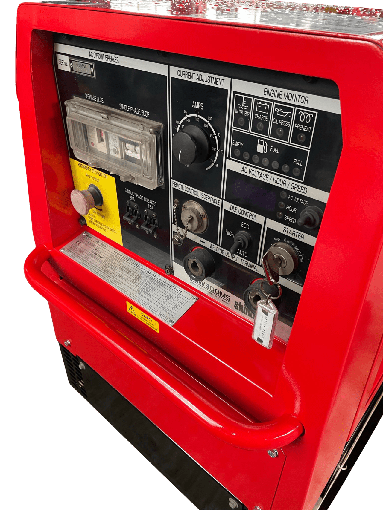 A close up of a red machine with a handle on a white background.