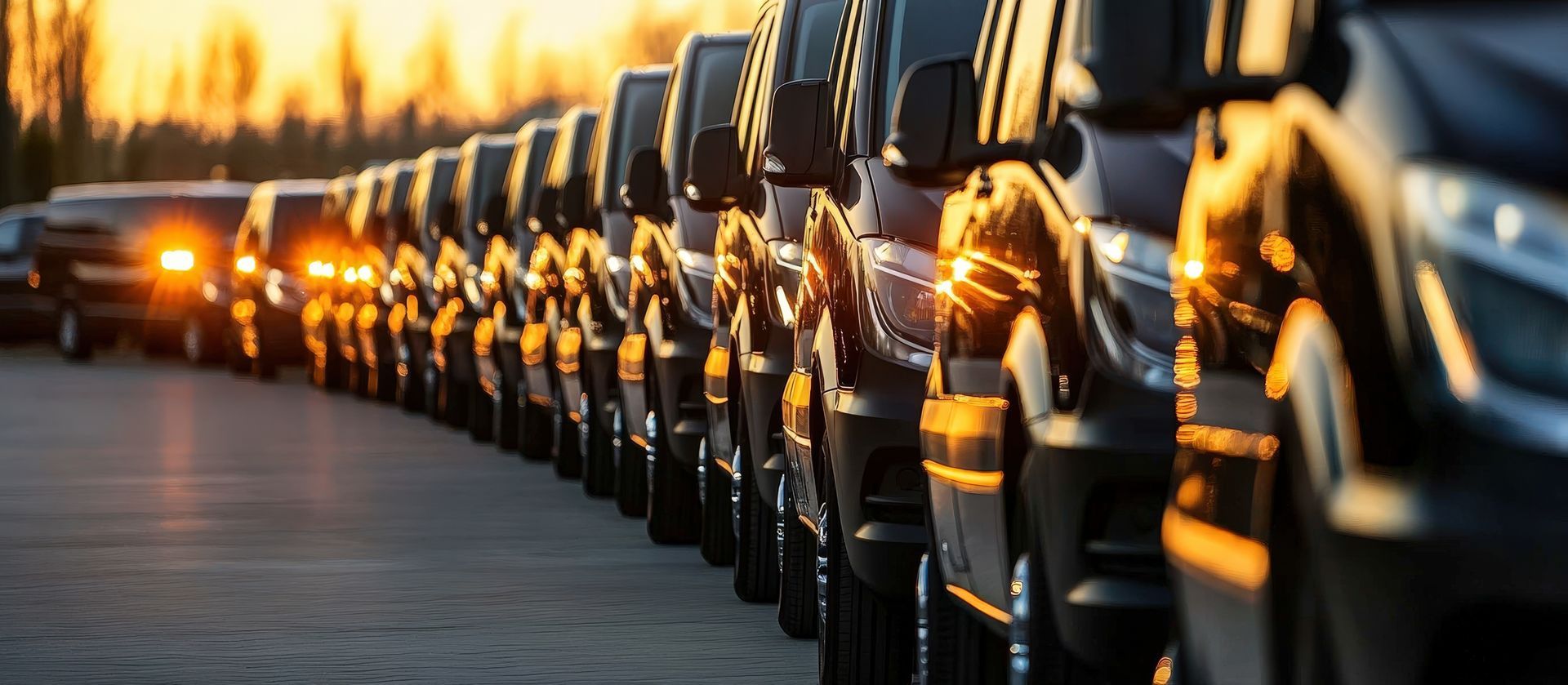 Black vehicles parked in a row with sunlight reflecting on their sides.