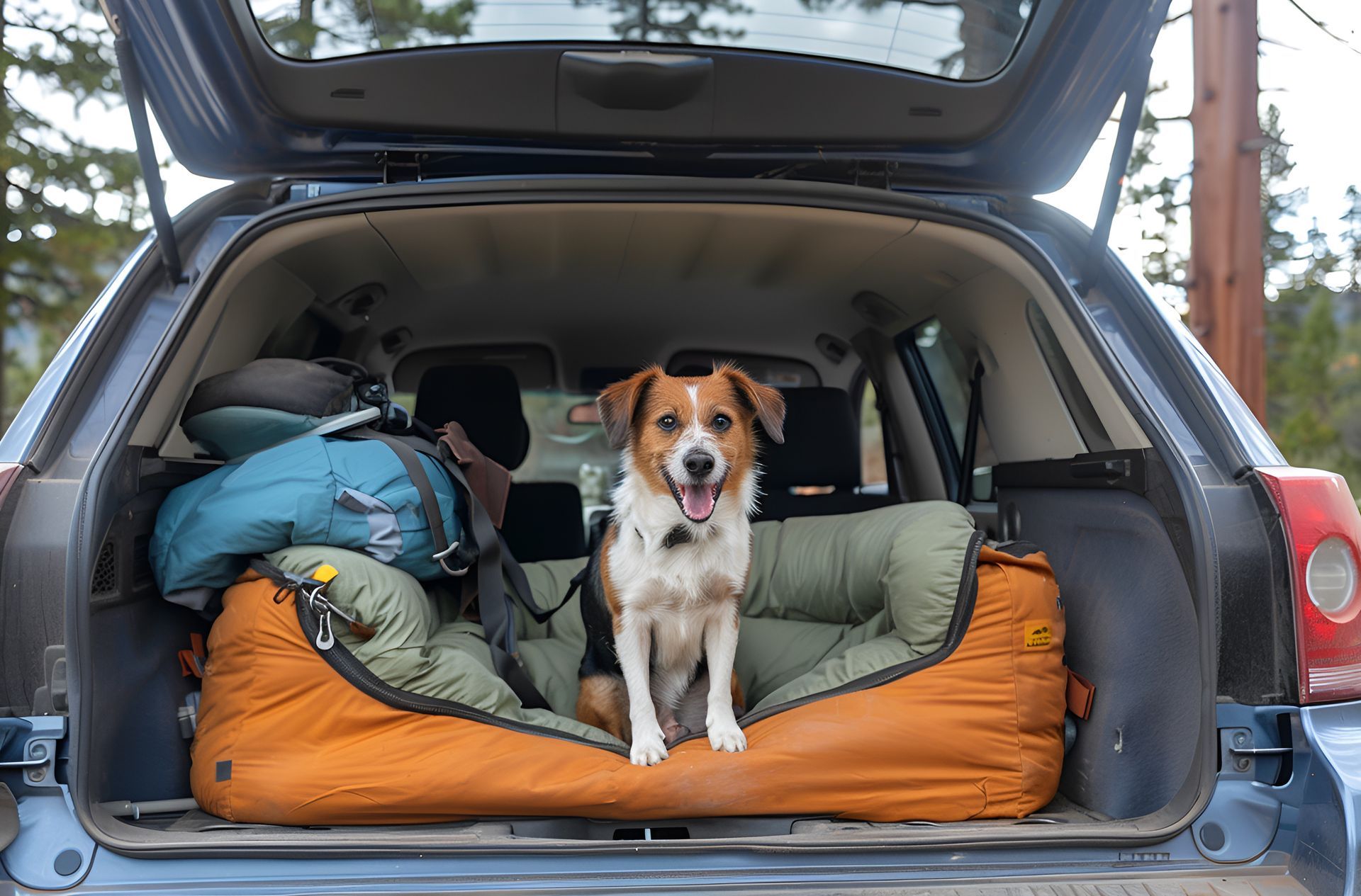 Dog standing in an SUV trunk with camping gear and sleeping bags at a campsite