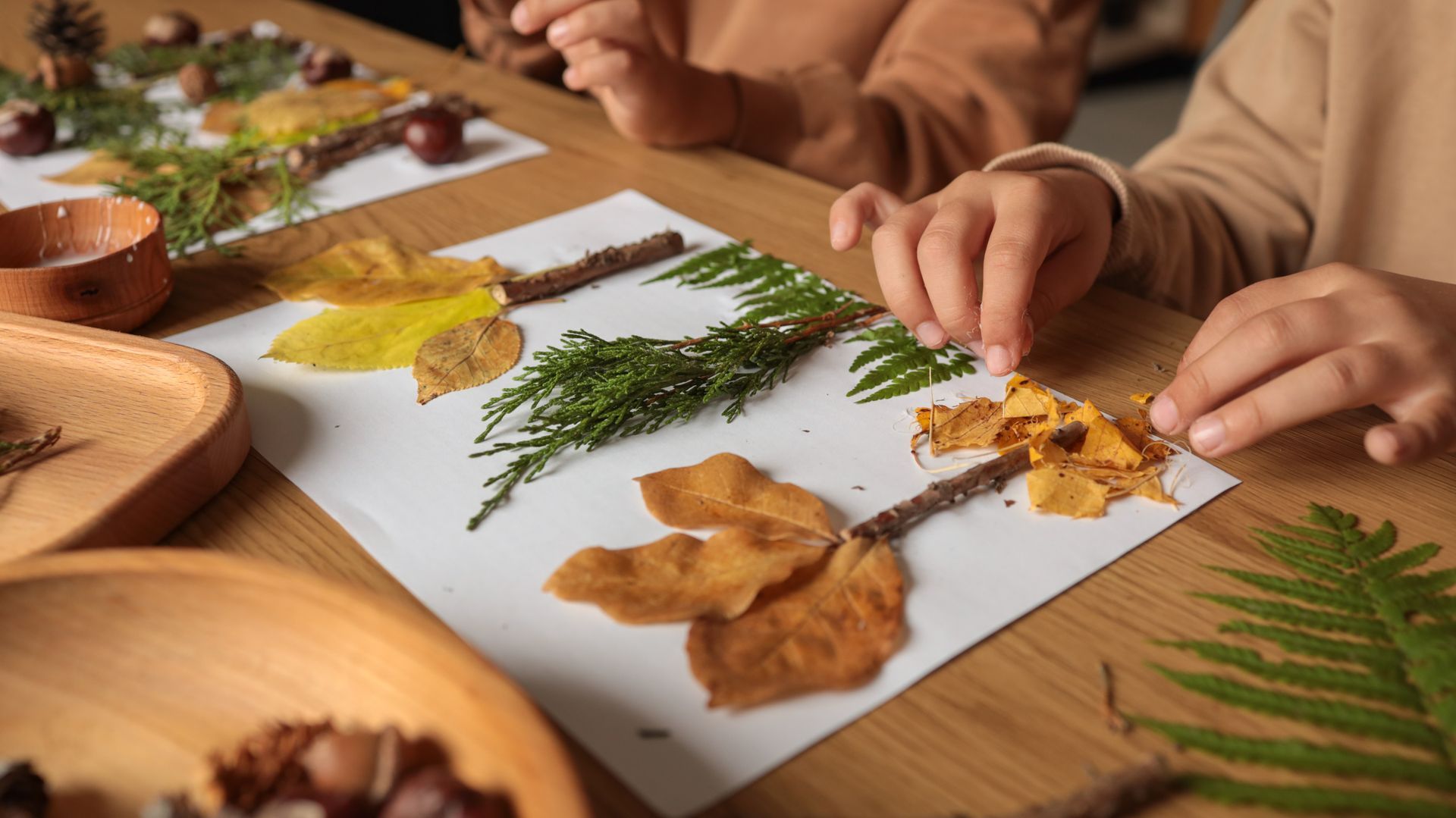 Hands arrange autumn leaves, pine needles, and twigs to create nature art on white paper at a wooden table.