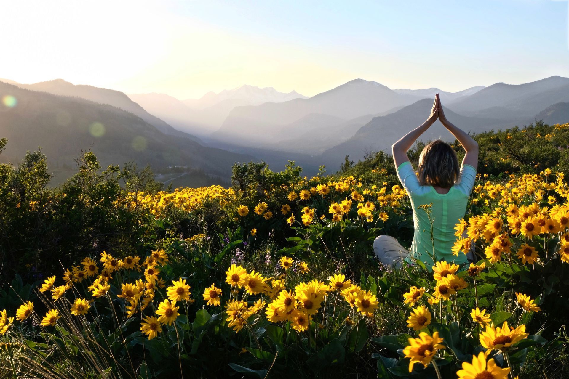 A woman is sitting in a field of yellow flowers with mountains in the background.