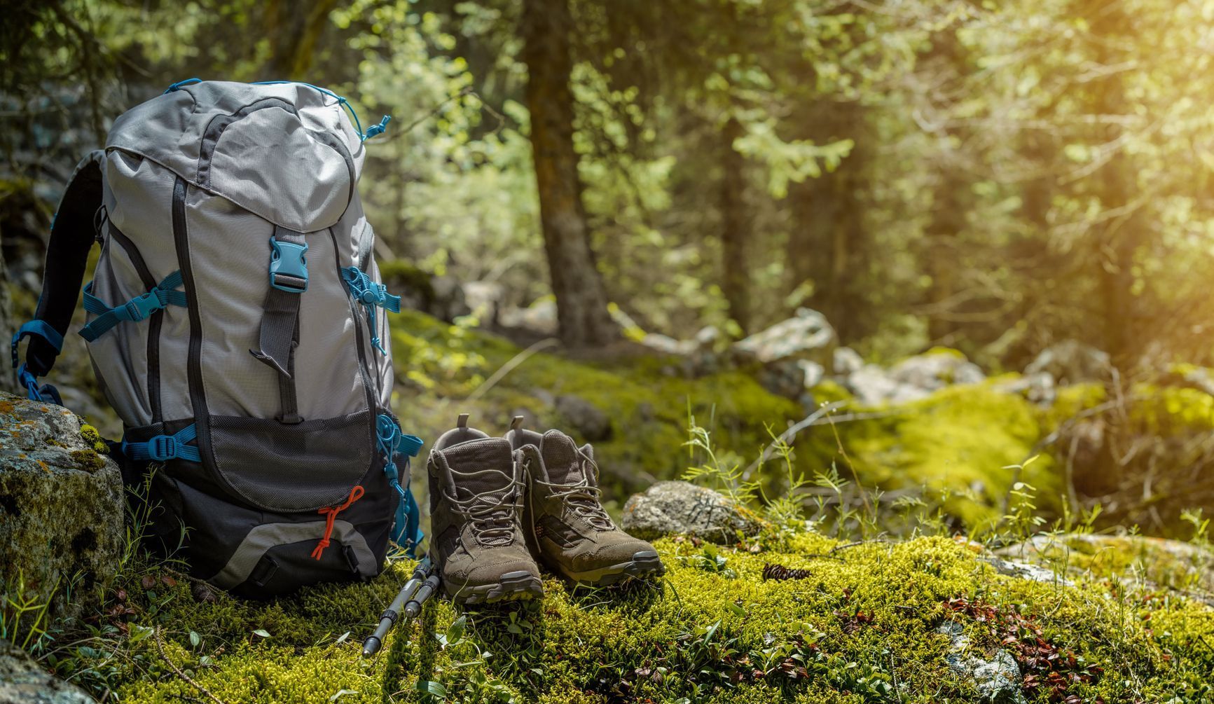 A backpack and hiking boots are sitting on a rock in the woods.