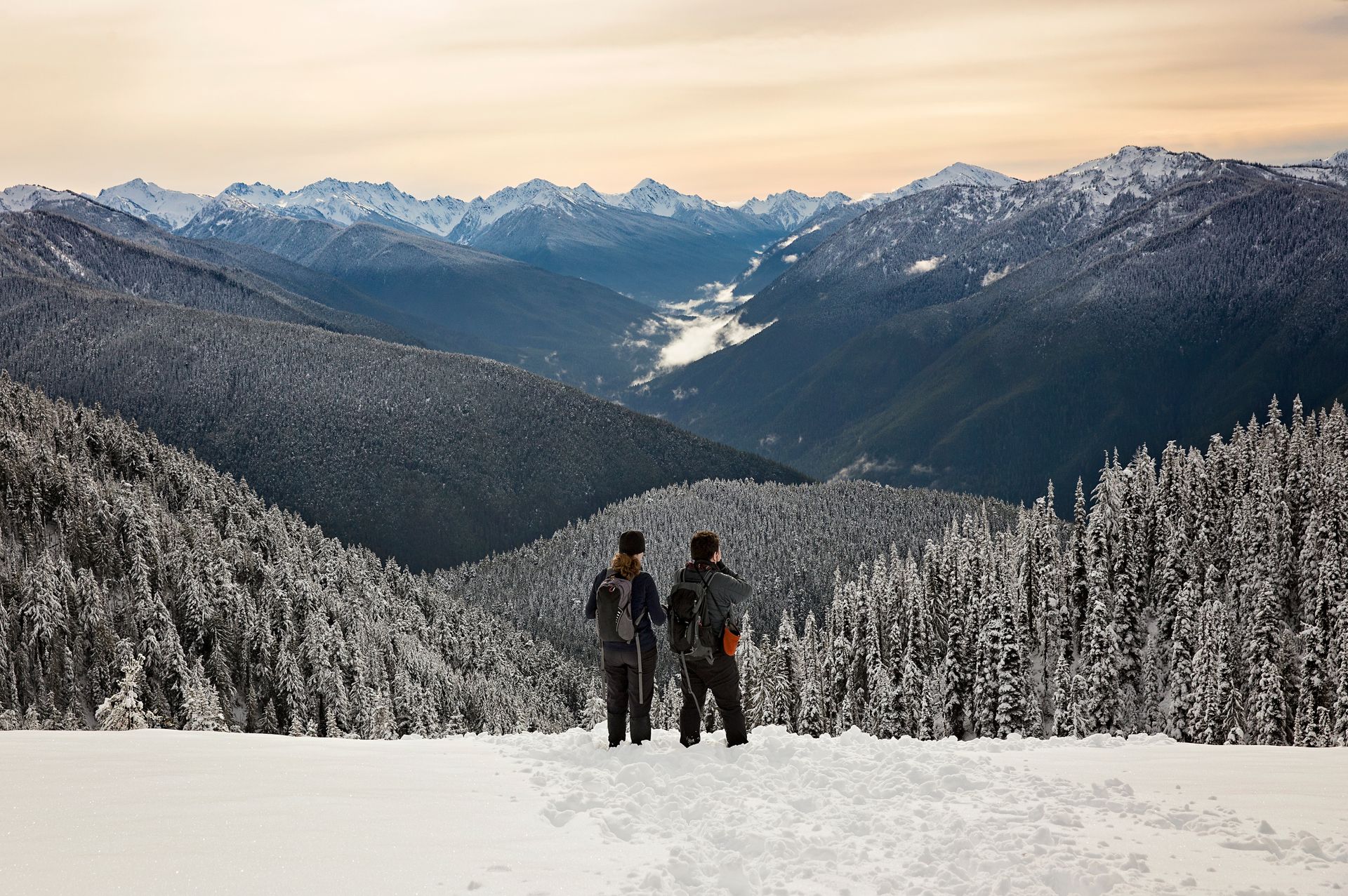 Two figures stand on a snowy ridge, looking out at a valley and snow-covered mountains under a hazy sky.