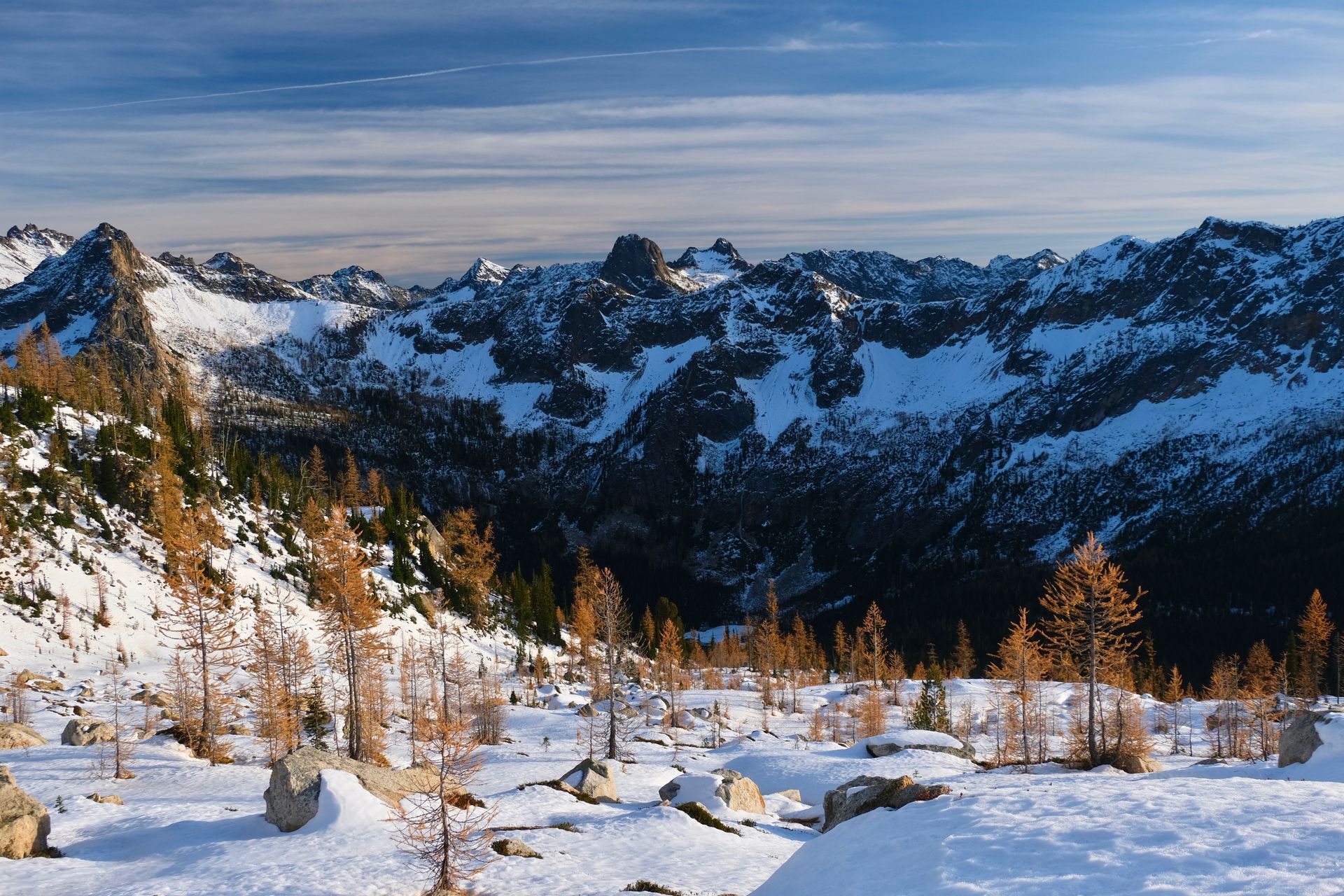 A snowy mountain range with trees in the foreground