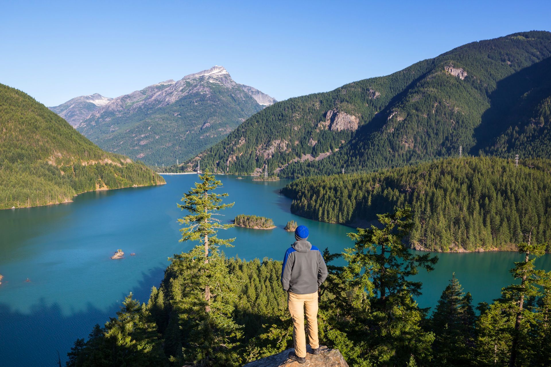 Person overlooking a turquoise lake surrounded by forested mountains under a clear blue sky.