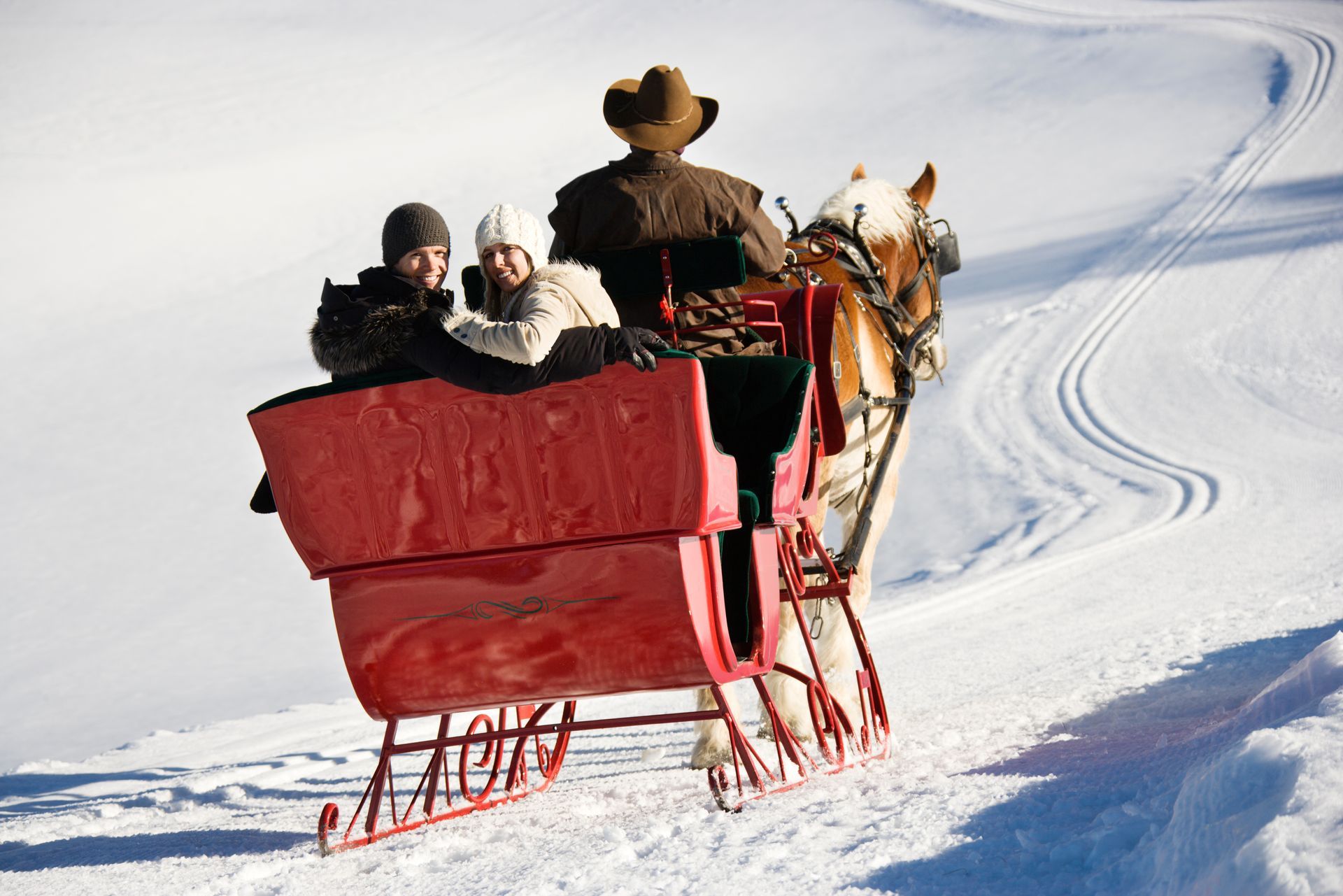 A group of people are riding in a horse drawn sleigh in the snow.
