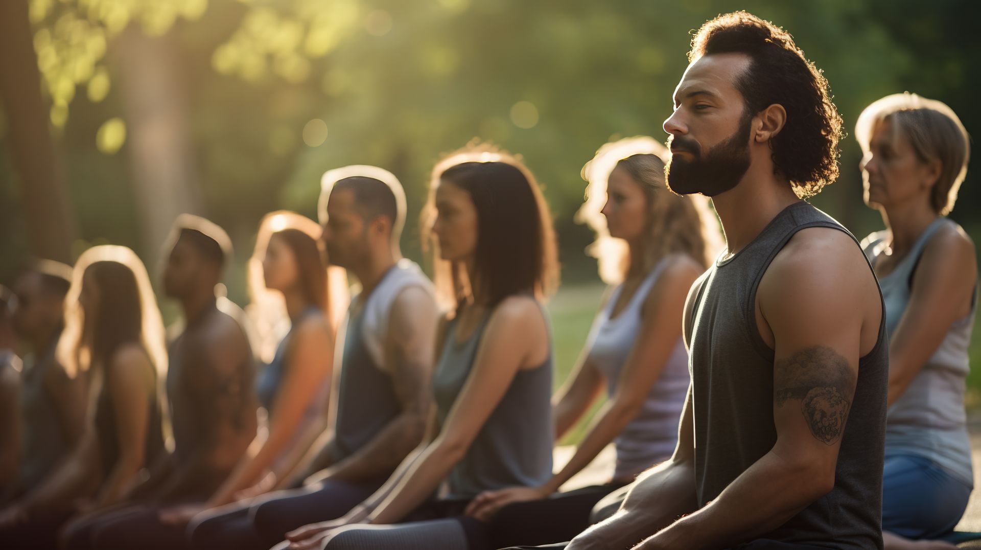 A group of people are sitting in a row meditating.