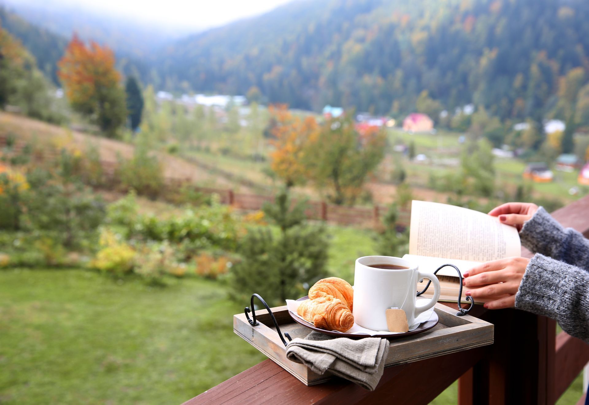 Person on balcony reading book, coffee and croissant on tray. Mountains and trees in background.