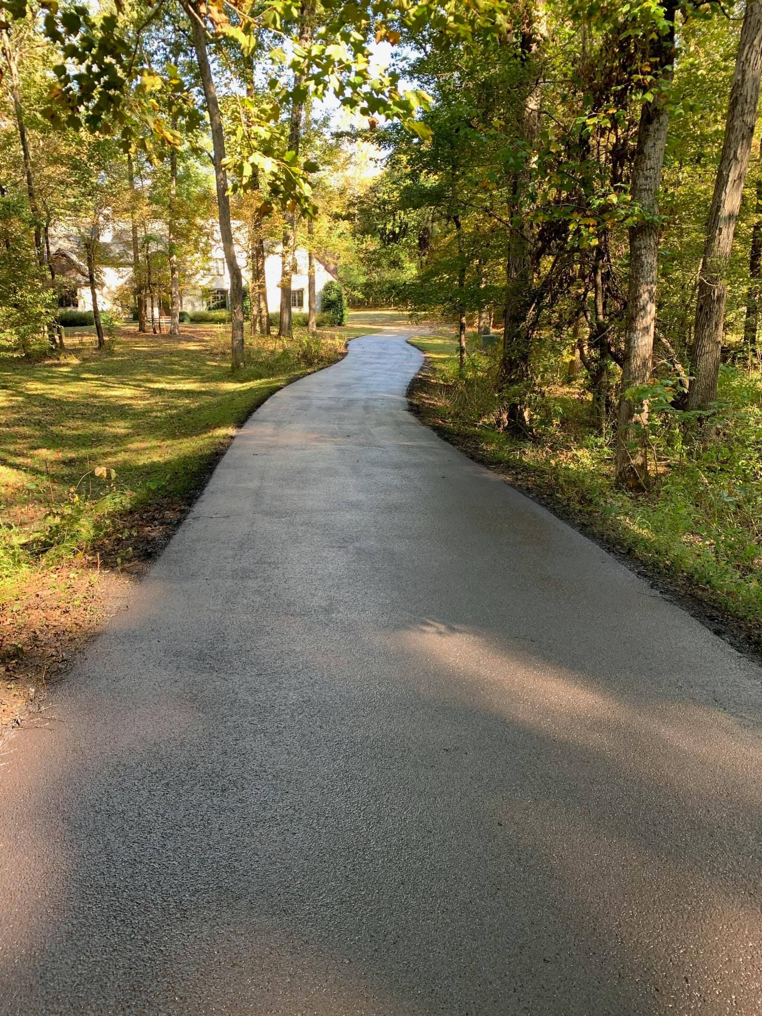 A paved driveway curves through a wooded area toward a house in the distance under bright sunlight.