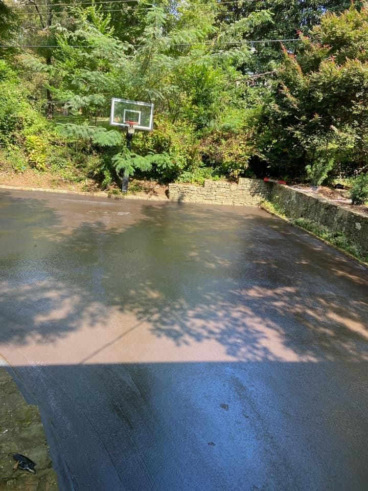 A basketball hoop stands in a backyard above a wet, paved court surrounded by lush green trees and a stone retaining wall.
