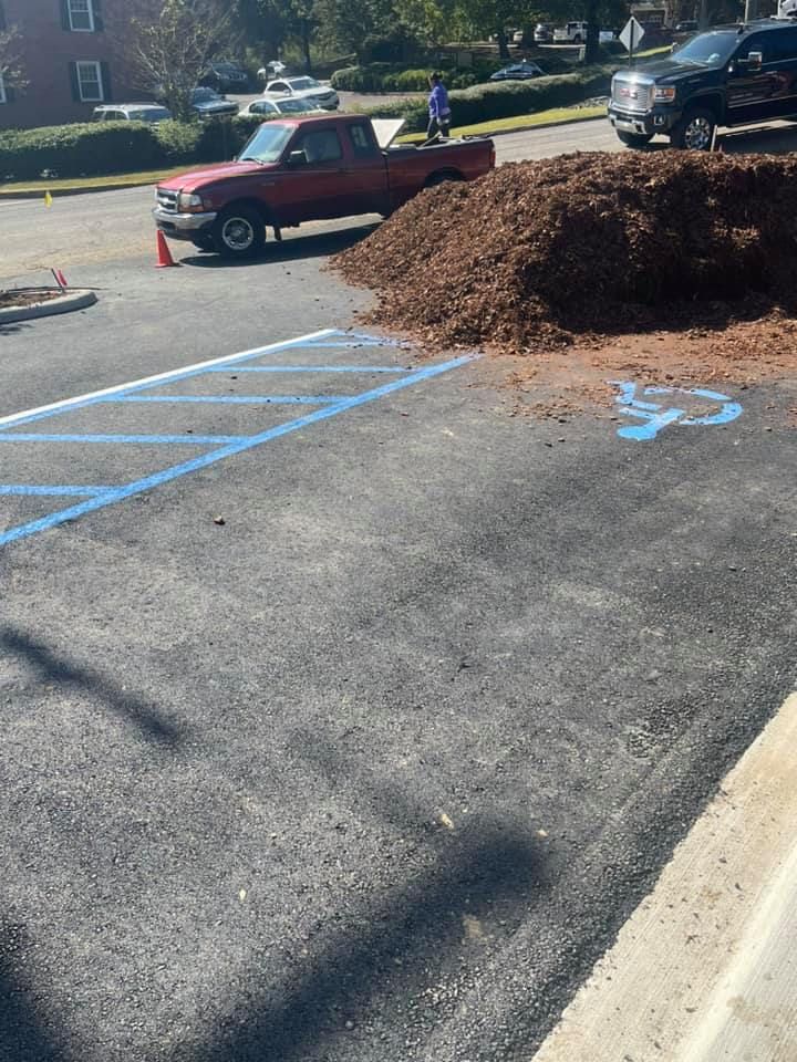 A large pile of mulch blocks a blue-painted accessible parking space in a parking lot next to a parked red pickup truck.