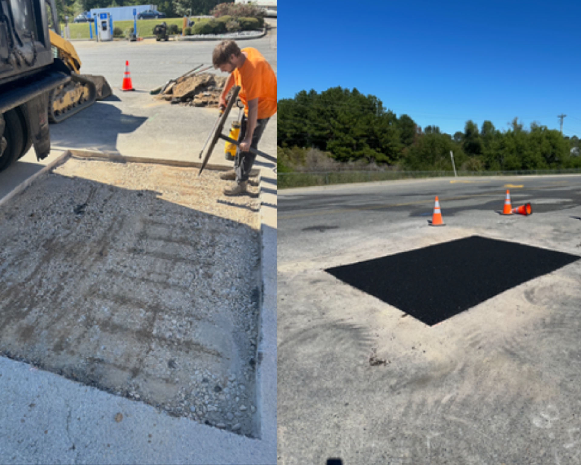 A construction site showing a patch of worn, broken asphalt next to a grassy roadside with parked vehicles and equipment.