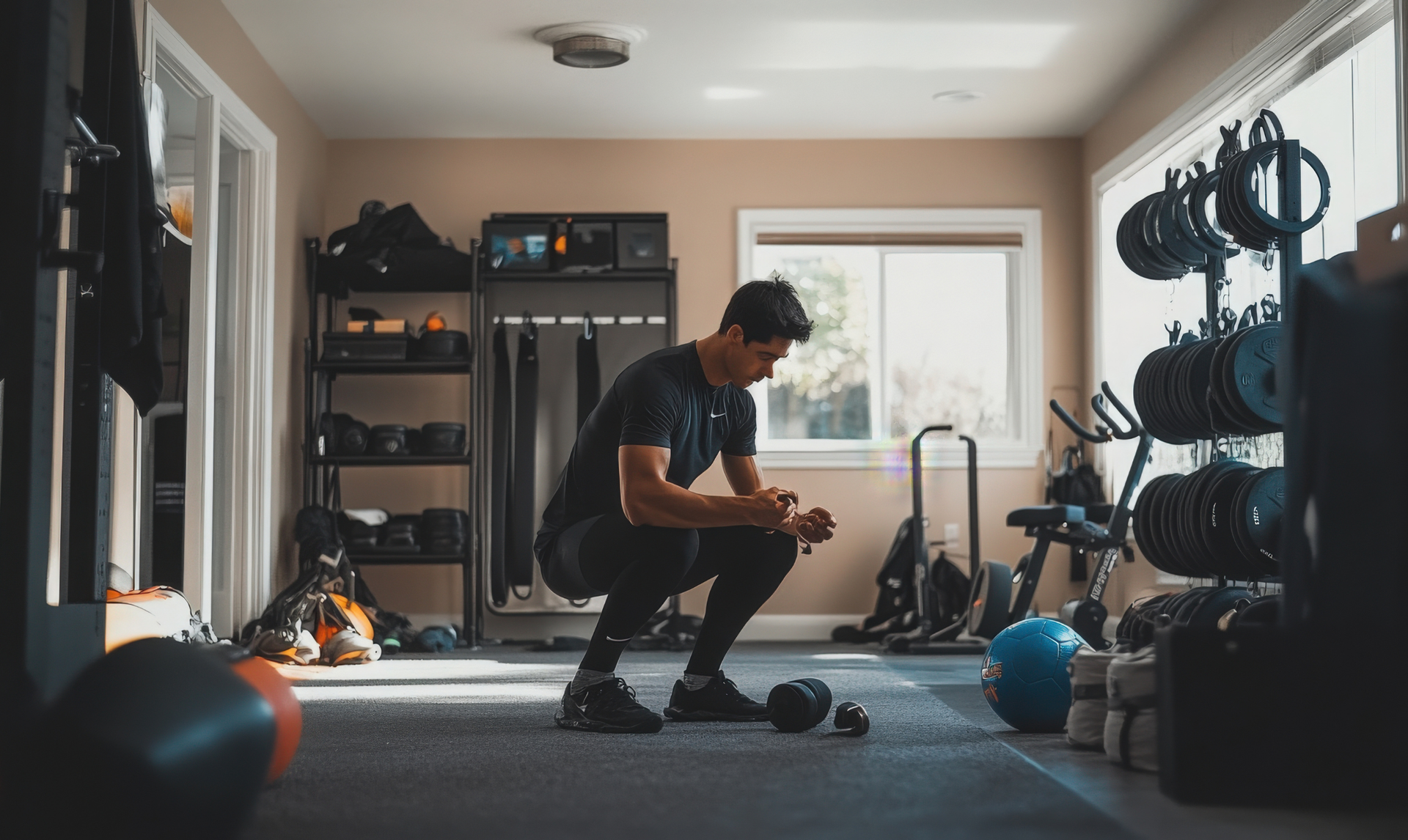 Man squats in a home gym, looking down at a dumbbell. Weights and equipment fill the room. Man squats in a home gym, looking down at a dumbbell. Weights and equipment fill the room.