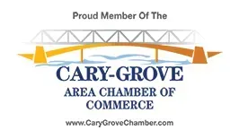 Cary-Grove Area Chamber of Commerce logo: bridge over water with text, 