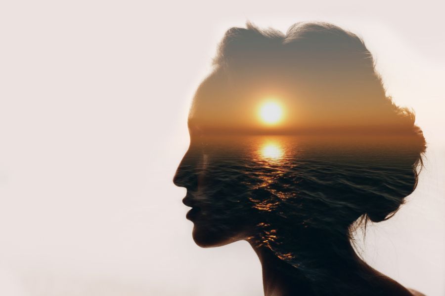 Mente umana raffigurata con sole al tramonto