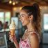 Woman smiling, holding a vanilla soft serve cone in a shop. She wears a floral top, has her hair in a ponytail.