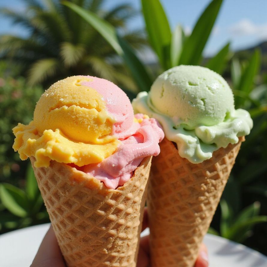 Bowl of ice cream scoops with scattered hazelnuts on a wooden surface.