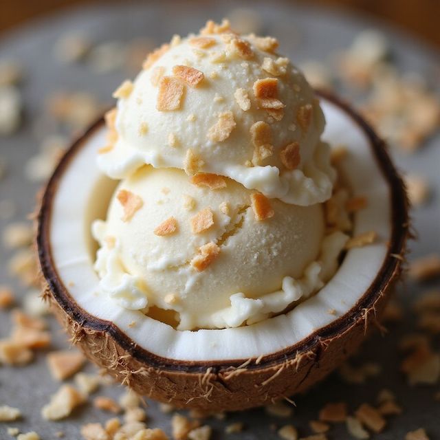 Coconut ice cream scoops in a coconut shell, sprinkled with toasted coconut flakes.