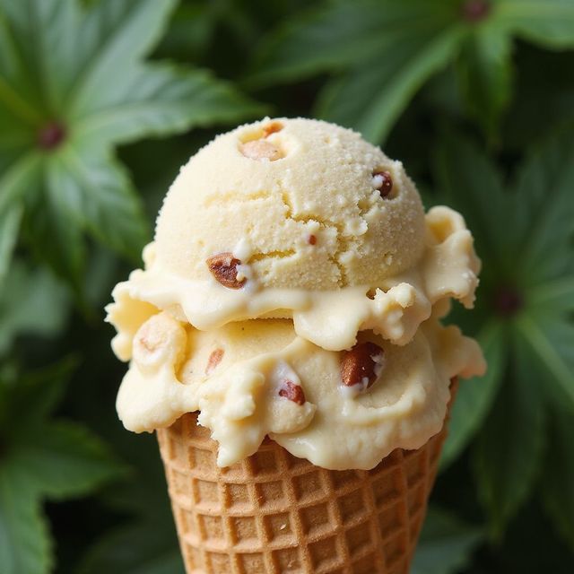 Two scoops of ice cream with nuts in a waffle cone, in front of green foliage.