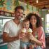 Family smiling, holding ice cream cones in an ice cream shop. Woman wears flower crown, man and child smile.