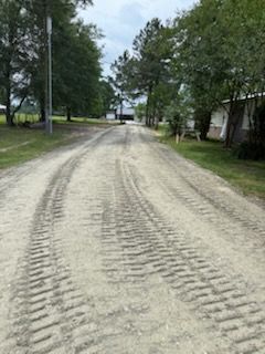 A dirt road going through a residential area with trees on both sides.